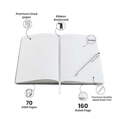 Image of AICA Personalized Name & Charm Magnetic Stick Leather (Grey) Diary & Roller Pen |Customized Corporate Gift for Men Women |Diwali Gifts for Family and Friends|Diary for Men Women |Gifts For Employee