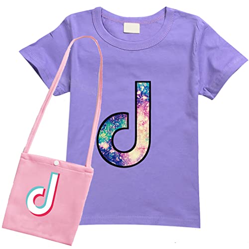 D.O.T Children's Summer Sportswear TIC TOC Graphic Girls T-Shirt Short Sleeve Round Neck top Tee with Shoulder Bag Set for Kids Size 2-15Years (Purple, 4-5T)
