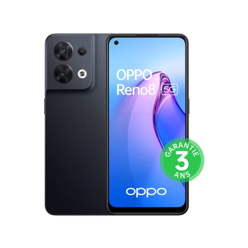OPPO Reno 8 Smartphone 5G – 8GB RAM + 256GB – Triple Sensor Fotográfico 64MP Frontal 32MP – Pantalla AMOLED 90Hz 6.4 pulgadas – Batería 4500mAh + Carga Rápida 80W – Sombreado Negro [Versión FR]