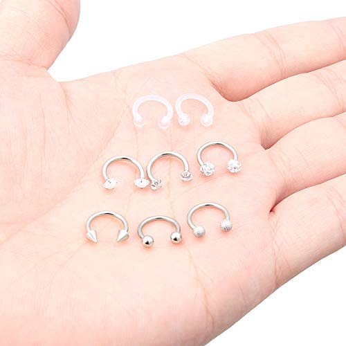 Dyknasz Horseshoe Circular Barbell Clear Cz Opal Stone Nose Septum Rings Hoop Retainer For Women Men Helix Cartilage Tragus Earring 316L Surgical Steel 16G 5/16"(8Mm) Silver-Tone #TOP6
