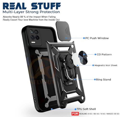 Image of Armor Bumper Back Cover Case for Realme 8 5G / 8s 5G / Narzo 30 5G Rotating Camera Cover, Ring Holder & Kickstand | Heavy Duty & 360 Degree Protection Back Cover (Black)