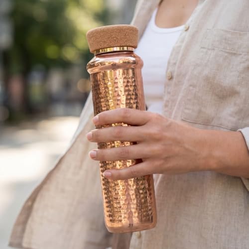 Image of P-TAL Premium Handcrafted Copper Water Bottle (1L) | Cork Cap & Smooth Silent Lid | Ayurvedic Tamra Jal Bottle