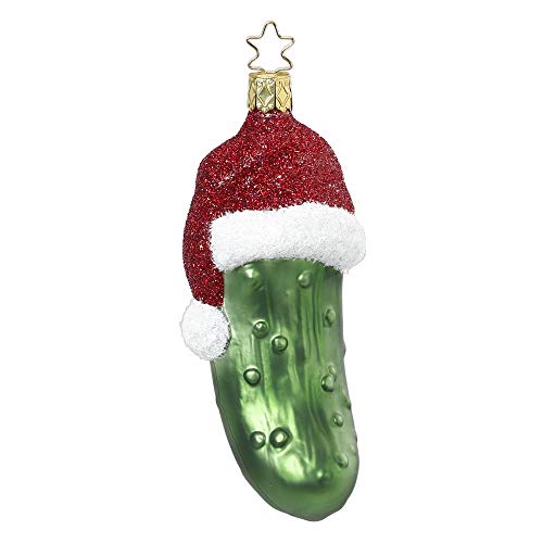 Christbaumschmuck Glas 12cm Weihnachtsgurke mit Mütze mundgeblasen handbemalt Weihnachtskugeln grün