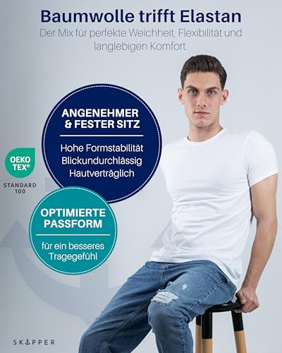 SKIPPER 3er Pack Herren T-Shirt Rundhals I Stretch I Basic Shirt in Weiß I Unterziehshirt aus 95% Baumwolle & 5% Elasthan I Business Unterhemd Herren I Crew Neck I Oeko-TEX Zertifiziert I L