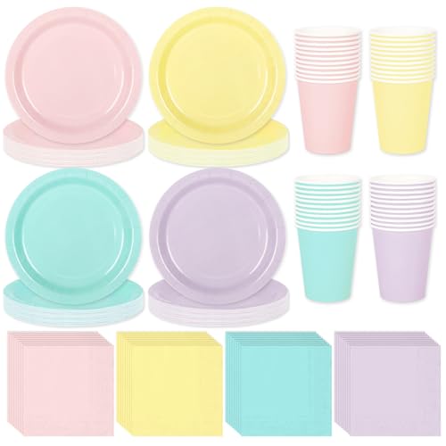 Whaline 244Pcs Pastel Rainbow Tableware Set Serves 48 4 Colors Disposable Dinnerware...