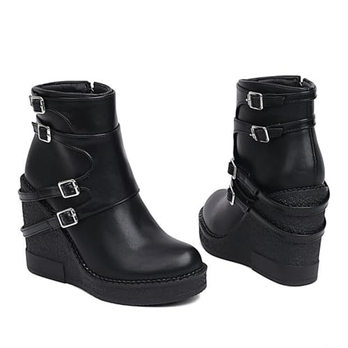 Women'S Leather Wedge Heel Gothic Ankle Boots With Side Zipper Comfortable And Fashionable Shiny Round Toe Platform Double Buckle Y-2k Retro Ankle Boots Suitable For Party Dance3