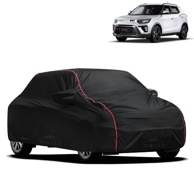 Image of Waterproof Car Cover for Ssang Yong Tivoli | All-Weather Protection, Dustproof & UV Resistant | Triple Stitched Mirror Pockets, Windproof Buckle Strap with Elastic Hem, Black-Red Piping
