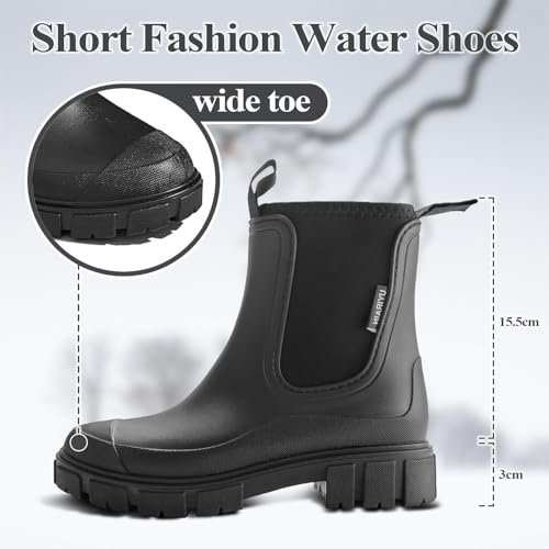 SmoothPace Gummistiefel Damen Gefüttert Wasserdicht Gummistiefeletten Halbhohe Chelsea Boots Rutschsicher Abriebfest Atmungsaktiv Regenschuhe Komfort Garten Stiefeletten Black 38EU