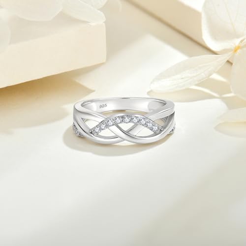 Infinity Celtic Knot Ring for Her 925 Sterling Silver Criss Cross Twisted Rings Cubic Zirconia Statement Anniversary Band Promise Ring for Her Size 5-102