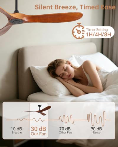 Image of Sofucor 60 Inch Wood Ceiling Fan No Light with Remote, Modern, 3 Blades | Without Light, Quiet Reversible DC Motor, 6 Speed, Timer, Indoor /Covered Outdoor /Bedroom /Living Room /Patio /Farmhouse, Brown