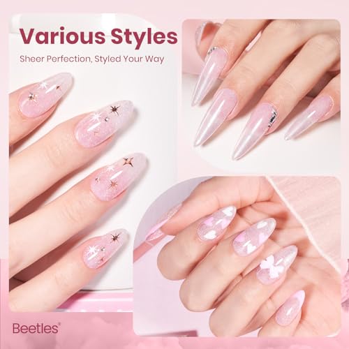 Image of Beetles Nude Gel Nail Polish - Soft Glow Fragments 15ML Shimmer Pink Gel Nail Polish Base Color Nail Concealer Sheer Translucent Nail Polish Soak Off UV French Nail Art Manicure Gift for Women