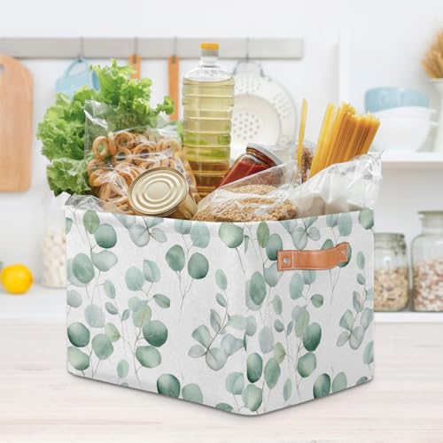 Image of Eucalyptus Leaves Storage Baskets for Organizing, Fabric Collapsible Storage Bins Box Sage Green Decorative Toy Organizer Baskets for Closet Shelves Gift Basket 1 Pc