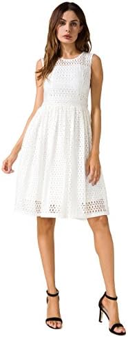 AMII Women's Hollow A-line O Neck Sleeveless Knee Length Dress White M