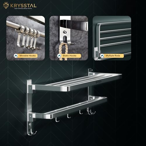 Image of Towel Holder in Bathroom - Towel Hanger for Wall,TwinFlex 304 Stainless Steel Foldable Towel Rack, Rustproof Wall Mounted Bathroom Shelf with Hooks, Heavy Duty Bathroom Accessories,24 Inch, Silver