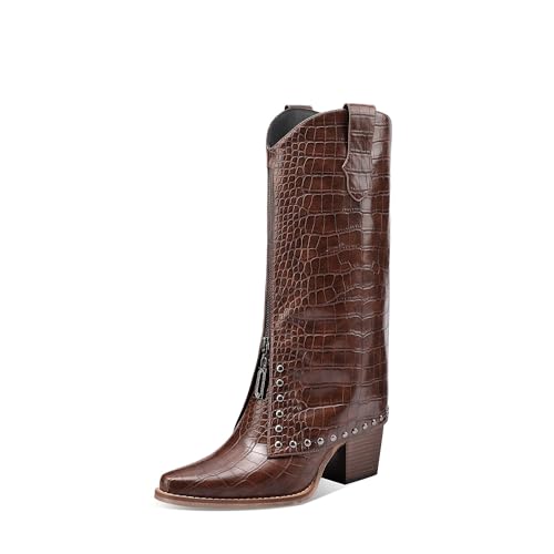 Women's Brown Crocodile Print Boots Fashion Slouchy Chunky Heel Pointed Toe Mid Calf boot Western Style Rivet shoe