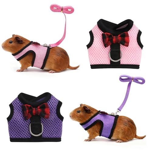 Image of Guinea Pig Harness and Leash，2packs Guinea Pig Clothes Baby Ferret Rats Hamster Soft Mesh Harness Leash for Decoration，Hamster Harness can be Adjusted to Any Size. (Pink + Purple)