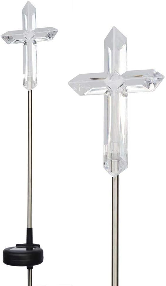 JAYXC HOME Set of 2 Clear Acrylic Cross Solar Garden Yard Landscape Path Stick LED Lights
