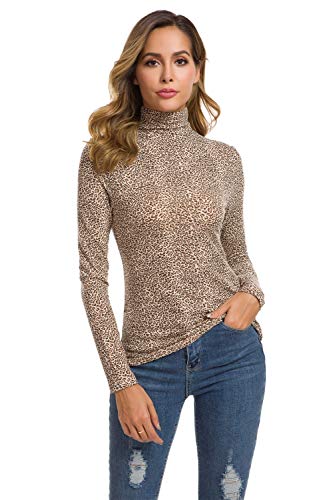 Women's Basic Long Sleeve Turtleneck T-Shirt Slim Fit Pullover Leopard/Flower Print Tops