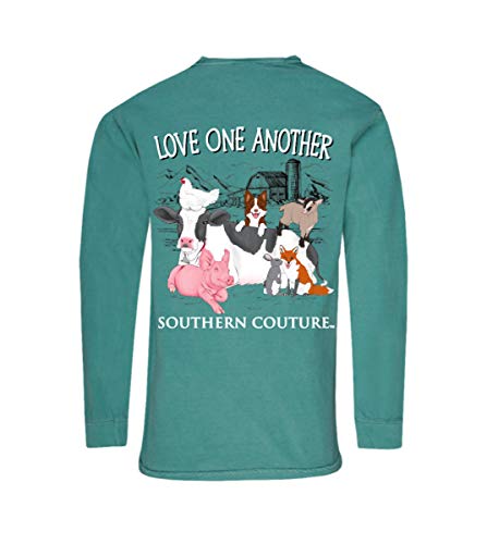 Southern Couture Classic Collection Love One Another Farm Animals Long Sleeve Womens Classic Fit T-Shirt; Seafoam Blue, Medium