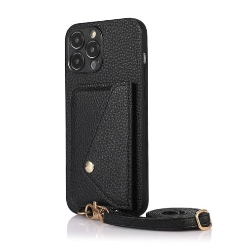 Étui portefeuille iPhone 7 noir anti-perte grâce au cordon en bandoulière