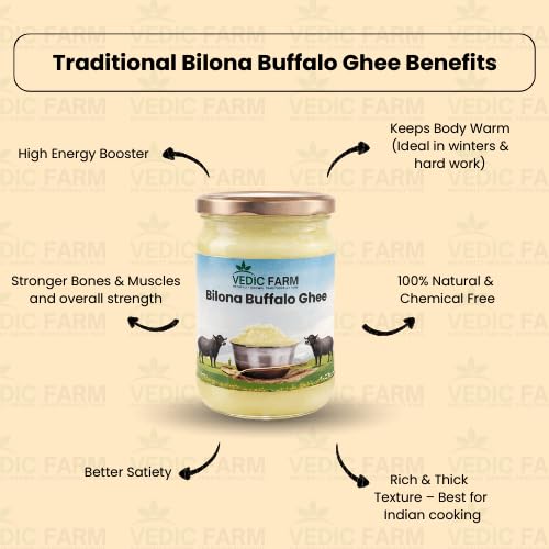 Vedic Farm Bilona Buffalo Ghee | Traditional Bilona Process | 100% Pure Natural Buffalo Ghee | Rich Flavor & Thick Texture | Ideal for Cooking, Sweets & Traditional Recipes (1, 500, gram) 1