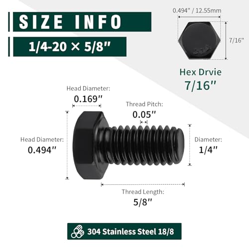 Image of 1 /4-20 x 5 /8 inch Hex Head Bolts Black, 304 Stainless Steel 18-8 Hexagon Head Screws Bolts, Black Oxide Finish, Allen Hex Drive, 20 PCS