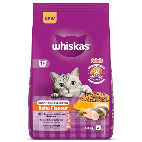 Image of Whiskas Adult (1+ Years) Dry Cat Food, Rohu Fish Flavour, 1.2 kg, Powered with 40 Essential Nutrients, Complete & Balanced Nutrition for Adult Cats