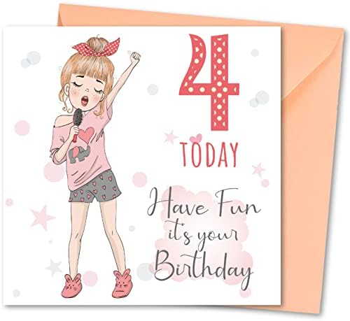 Birthday Card for Girl Age 4. Girl Birthday Card with Matching Envelope. Singing Girl design. Card size 148x148mm. Eco-friendly. Message inside. Printed and Packed in UK.