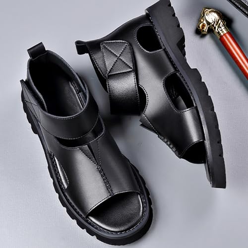Men's Genuine Leather Round Open Toe Platform High Top Sandals Fashion Hook and Loop Fish Mouth Hollow Roman Sandals Summer Outdoorcasual Non-Slip Beach Walking Sandal Shoes3