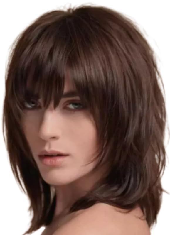 Image of Brown Shag Hairstyle with Full Fringe Middle Length Synthetic Hair Women Wigs For Daily Use, Party, Halloween Wigs