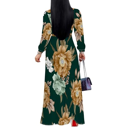 Image of Women Plus Size Long Sleeve V Neck Maxi Dress with Belt | Soft fabric relaxed fit three quarter sleeve v neck with pockets for party and daily wear