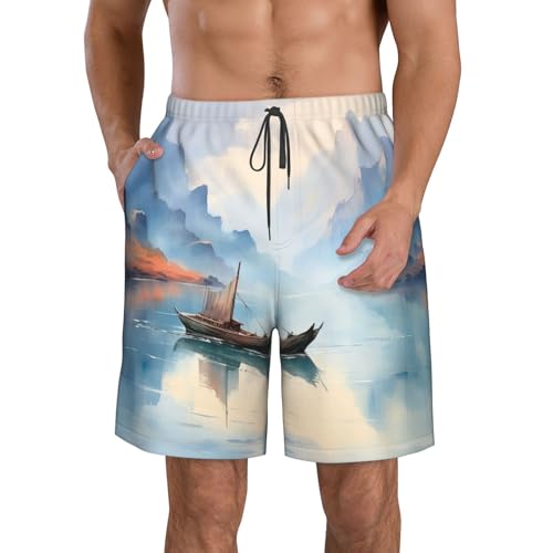 Fishing Scenic Print Mens Casual Shorts Drawstring Summer Beach Stretch Shorts Novelty Swimtrunks