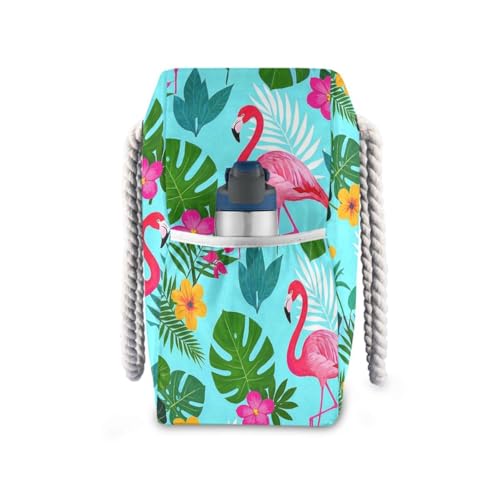 Summer Flamingos Palm Leaf Blue Sturdy foldable beach bag with zipper large tote bags for women for Pool Gym Grocery Travel3