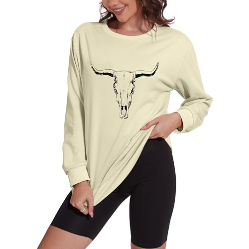 KPSTRO Retro Steer Skull Western Sweatshirt Women Country Music Concert Pullover Top Casual Crew Neck Rodeo Bull Sweaters Beige