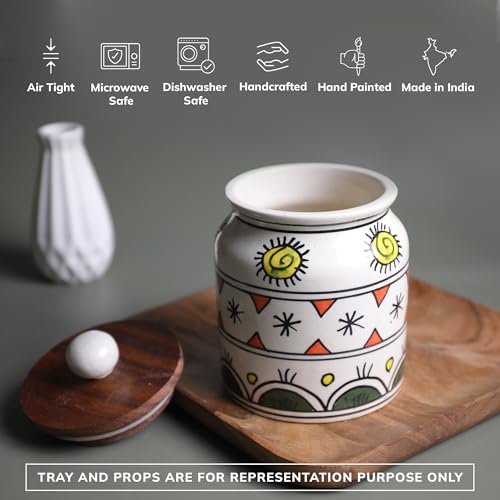 Image of Ceramic Jar & Container for Kitchen Storage Set | Multi Utility Air Tight Kitchen Organizer Items | Tea Coffee Sugar Container with Wooden Lid (Hand-Painted, 450 ML, Pack of 1)