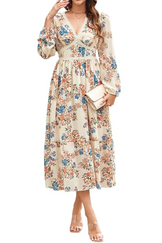 Women's Spring Wrap Maxi Dress Floral V Neck Long Sleeve Wedding Guest Party Casual Chiffon Dress