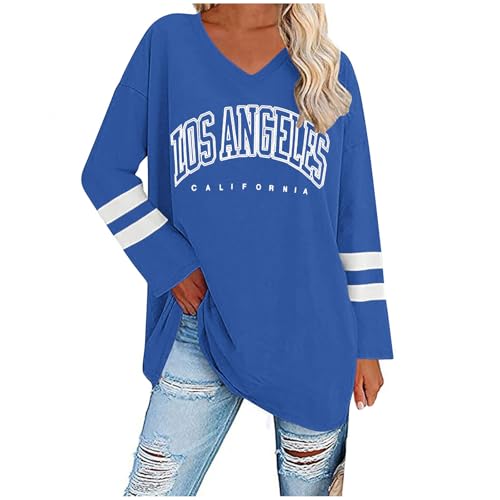 UHouse Damen Tshirt Langarm Oversize Langarmshirt Locker T-Shirt Lang Herbst Longshirt Elegante Tunika Lässig Los Angeles Oberteile Casual Longsleeve Streetwear Blau XXL