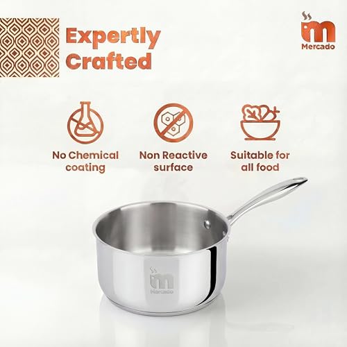 Image of Mercado Triply Stainless Steel Saucepan 16 cm (1.5L) | SS304 Food Grade | Ideal for Milk, Tea & Boiling | Induction Compatible | Cool-Touch Handle | Even Heat Distribution | Silver | 5 Years Warranty