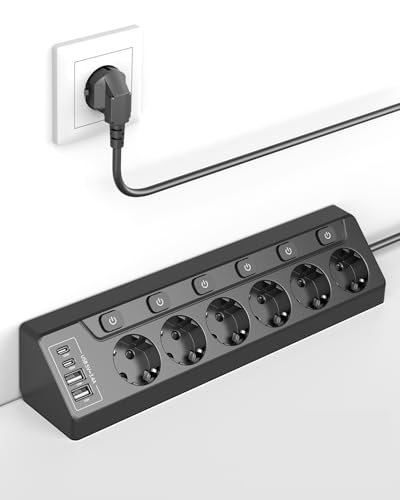 Ecksteckdosen-Steckdosenleiste einzeln schaltbar 6 Fach mit 4 USB (2X USB-C + 2X USB-A) Überspannungsschutz Berührungsschutz 2m Kabel 3680W für Küche Büro und Haushalt