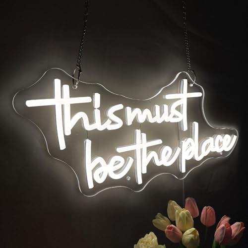 Image of This Must Be The Place Neon Signs for Wall Decor Dimmable Warm White LED Signs for Bedroom Classroom Man Cave Home Bar Birthday Party Game Zone Decor Neon Classroom Sign