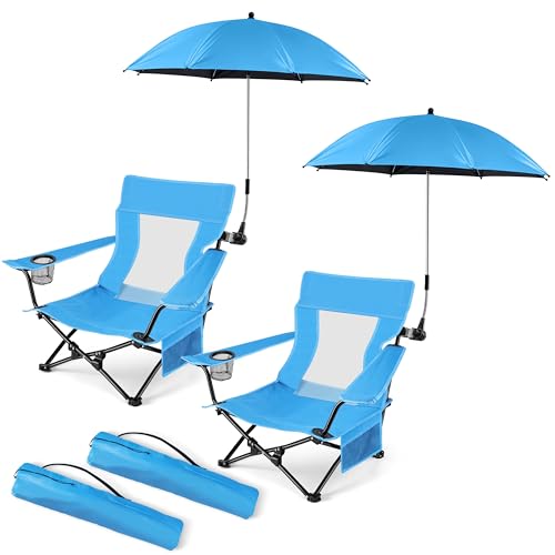 Image of HaSteeL Low Beach Chair Set of 2, Foldable Blue Camping Chair with Adjustable Umbrella Set for Adults, Lightweight Portable Lawn Chairs for Fishing, Picnic, Outdoor BBQ, Travel, Sports
