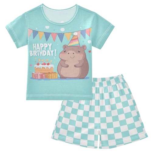 Checkerboard Plaid Birthday Cake Pajama Set Short Sleeve Summer Pajamas Shorts Sets PJ Clothes Set Soft 5Y
