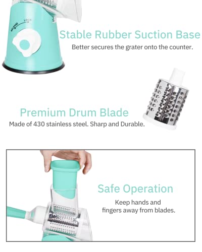 X Home Rotary Cheese Grater, Manual Cheese Grater With Handle, Mandoline Vegetables Slicer Cheese Shredder With Strong Suction Base, 3 Drum Blades Cheese Shredder Included, Easy To Use And Clean, Blue #TOP4