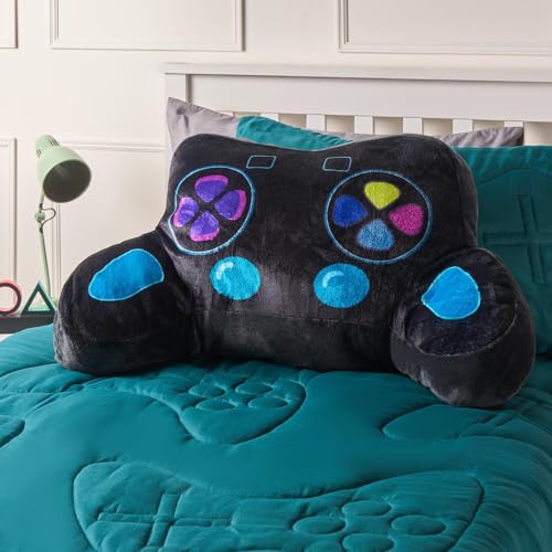 OHS Gaming Controller Cuddle Cushion for Kids Comfy Reading Pillow Super Soft Teddy Fleece Back Support Pillow with Arms Gaming Cushions for Boys Black - 82 x 54 x 34cm