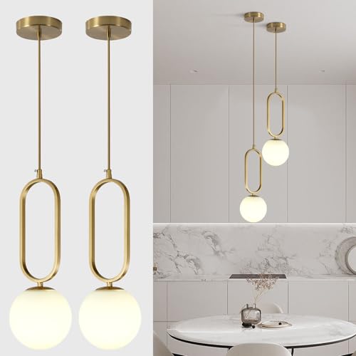 Image of Pendant Light Set of 2 Modern Gold Brass Kitchen Island Lighting with Glass Shade, Adjustable Mini Globe Hanging Pendant Lamp for Bedroom Living Room Dining Room (2 Pack)