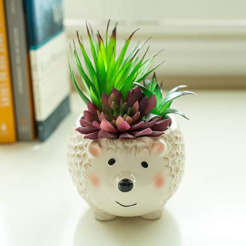 Flora Bunda Artificial Plants in Cute Animal Novelty Planter Artificial Succulent in 6" Large Brown Hedgehog Ceramic Planter, 6 x 5.5 x 8 inches