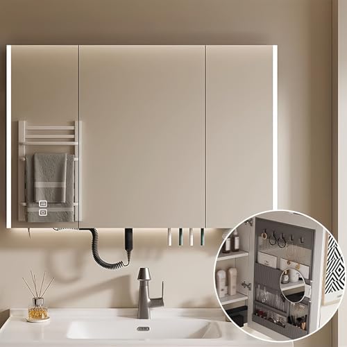 Badezimmer-Aufbewahrungsschrank zur Wandmontage mit Spiegel, intelligente Antibeschlagfunktion, Badezimmer-Medizinschrank zur Wandmontage mit Spiegel, 2 Türen, intelligente Dimmfunktion, gee