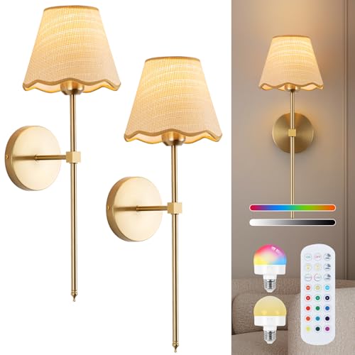 Image of ADISUN Battery Operated Wall Sconce Set of 2, Gold Wall Lamps Rechargeable Bulbs for Living Room, Rattan Shade Wireless Wall Lights for Bedroom Living Room Hallway Kitchen(2 Bulbs Included)