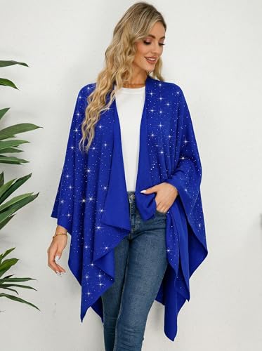 Image of Womens Rhinestones Open Front Poncho Shawl Wrap Cape Ruana Travel Blanket Cardigan