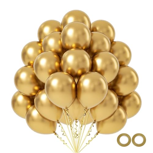 Luftballons Metallic Gold 50 Stück 30 cm / 12 zoll Metallic Chrom Ballons Gold Helium Luftballon mit 2 Ballons Rollen Band für Geburtstag Hochzeit Babyparty Halloween Weihnachten Party Deko